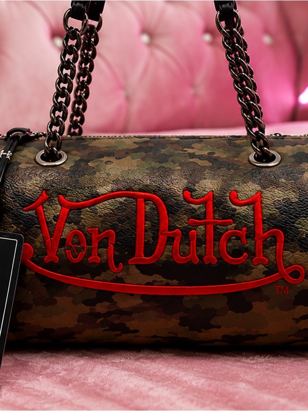Von Dutch Camo Barrel Shoulder Bag with Red Logo